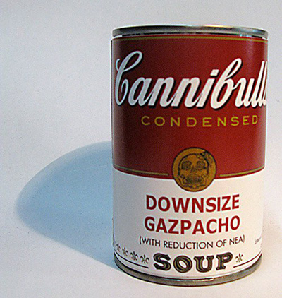 Just released, a special limited edition print and multiple by Enrique Chagoya in partnership with Electric Works! The brilliant and humorous print and multiple is modeled on Chagoya's wildly popular series of "Cannibull's" soup cans released by Electric Works last year.  Downsize Gazpacho (with reduction of NEA) is only available at Berkeley Art Center for a limited time! The digital print is part of an edition of 50 and the multiple is a small edition of 25. The print is available for $250, the multiple is part of the deluxe, two-item set - $500 for both print and multiple.   Please contact Berkeley Art Center today to reserve your print or deluxe set! They are both on view as part of our current exhibition Light/Dark: Selections by Enrique Chagoya from the California Society of Printmakers. 